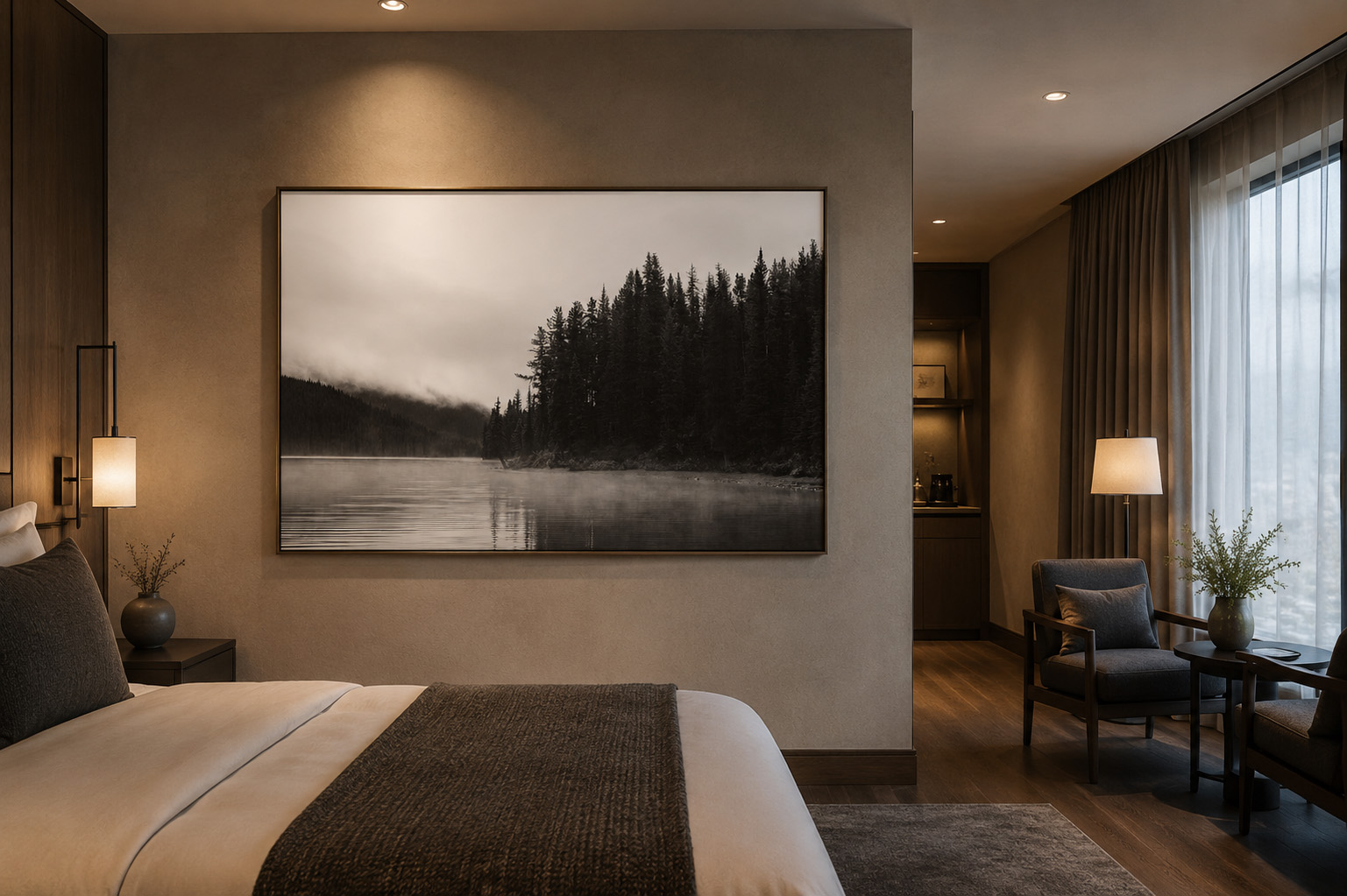 Foggy Canadian Rockies lake black and white artwork installed in a boutique hotel guest room by Dan Sproul