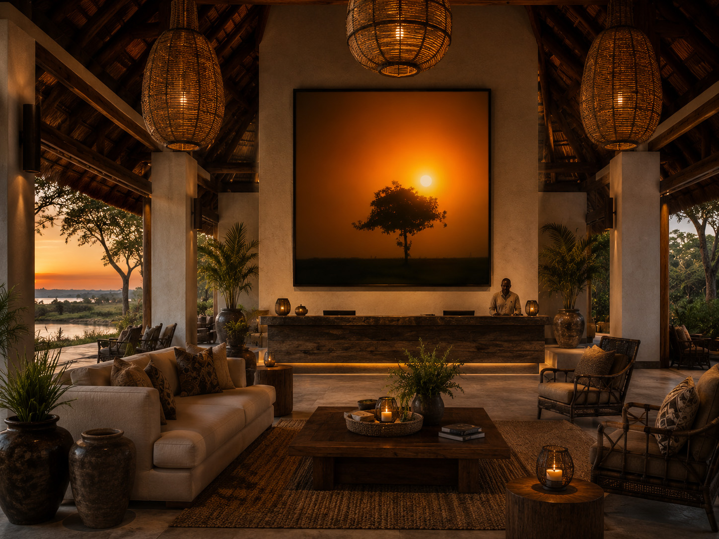 Morning Minimalism tree sunrise artwork installed in a warm destination lodge interior by Dan Sproul