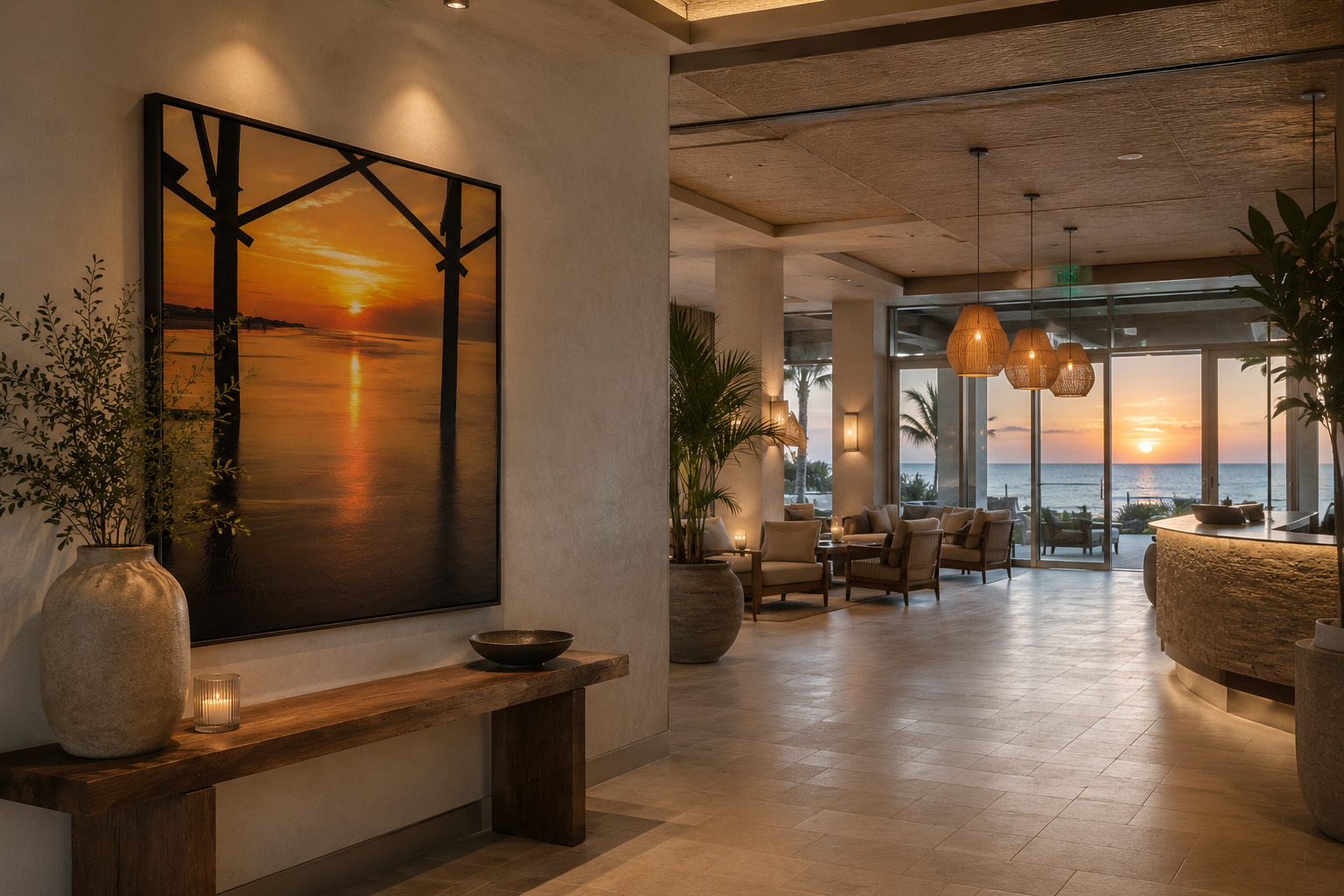 Sunrise under the pier artwork installed in a beach hotel lobby by Dan Sproul