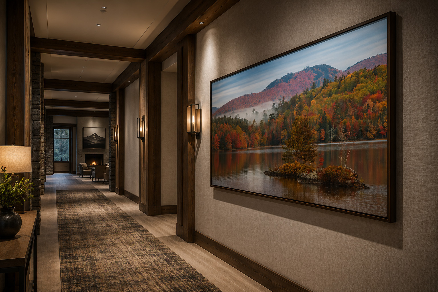 Autumn Umbagog Lake artwork installed in a hospitality corridor by Dan Sproul