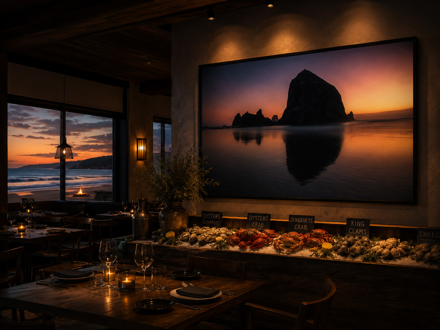 Haystack Rock sunset artwork installed in a coastal restaurant hospitality interior by Dan Sproul