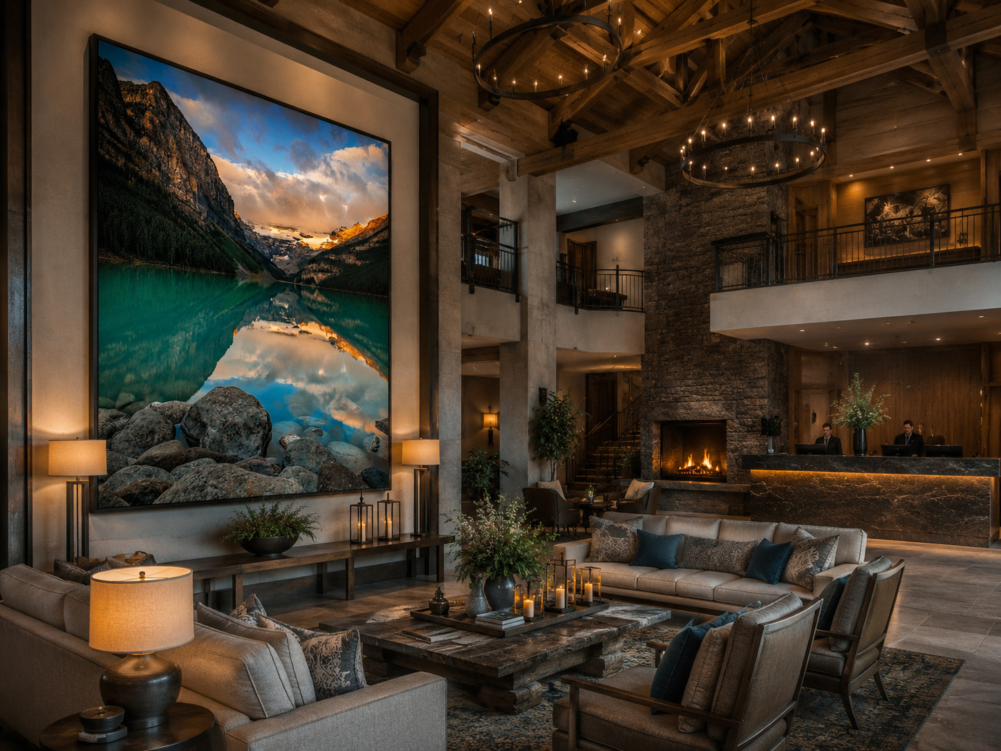 Lake Louise Canadian Rockies artwork installed in a luxury lodge hospitality lobby by Dan Sproul