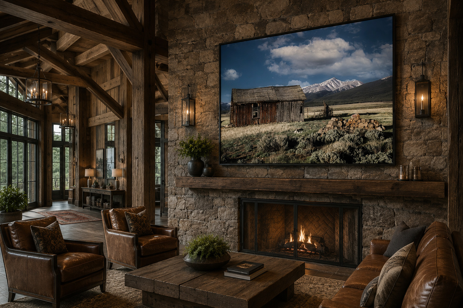 Leadville Colorado barn artwork installed in a rustic lodge lobby fireplace interior by Dan Sproul