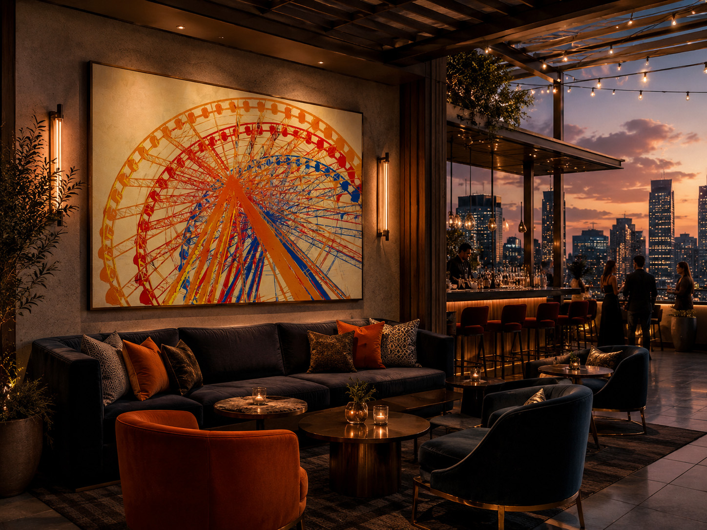 Upscale rooftop restaurant with colorful ferris wheel artwork by Dan Sproul