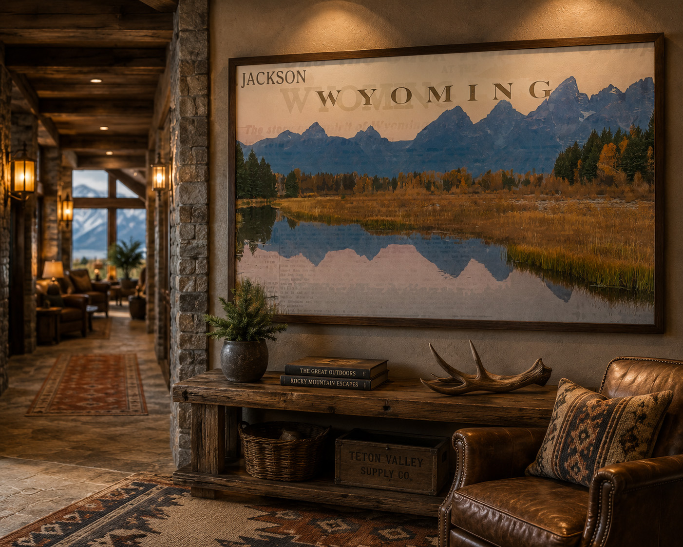 Jackson Hole Wyoming mixed media artwork in mountain lodge corridor