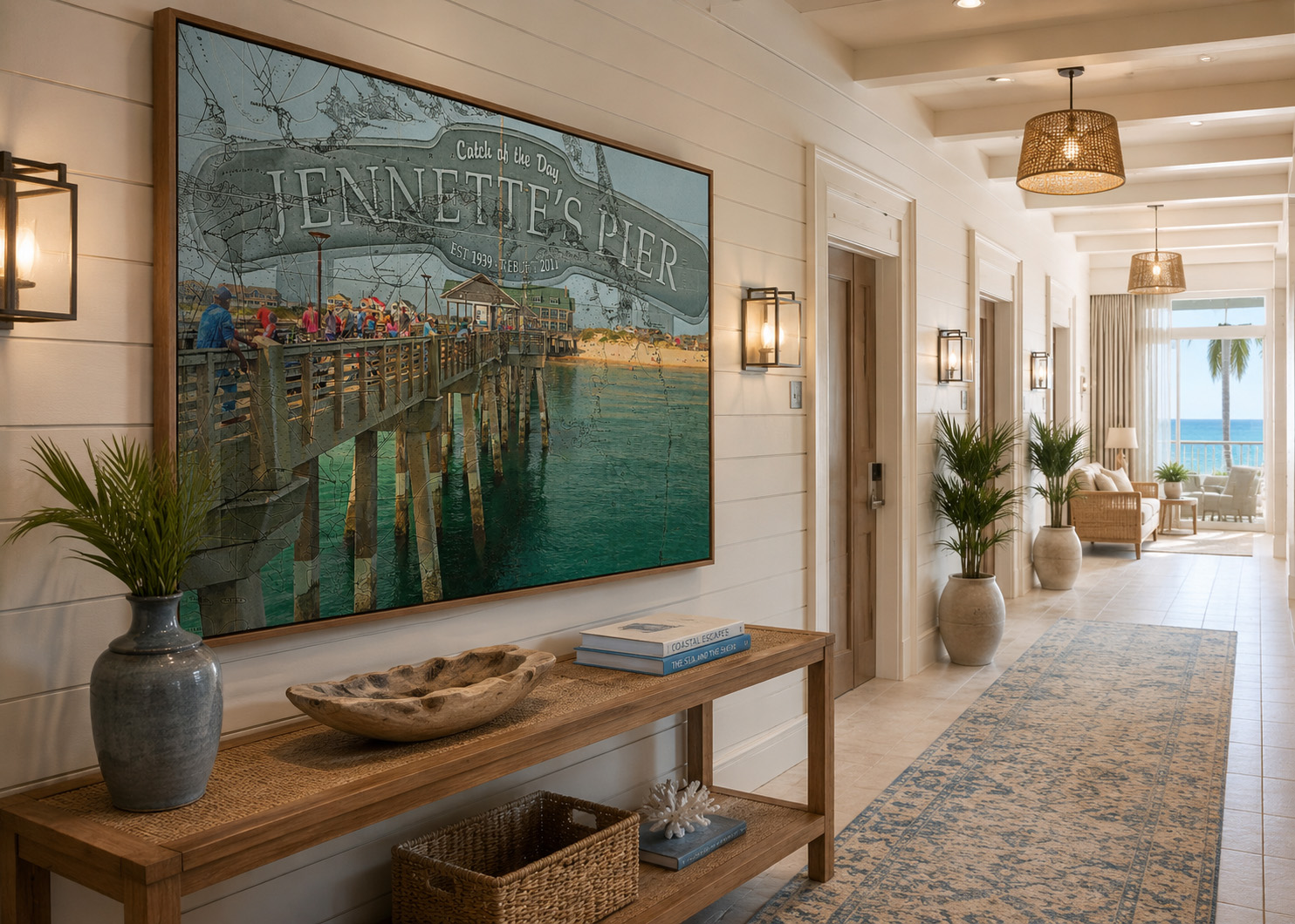 Jennette’s Pier mixed media artwork in coastal hotel corridor