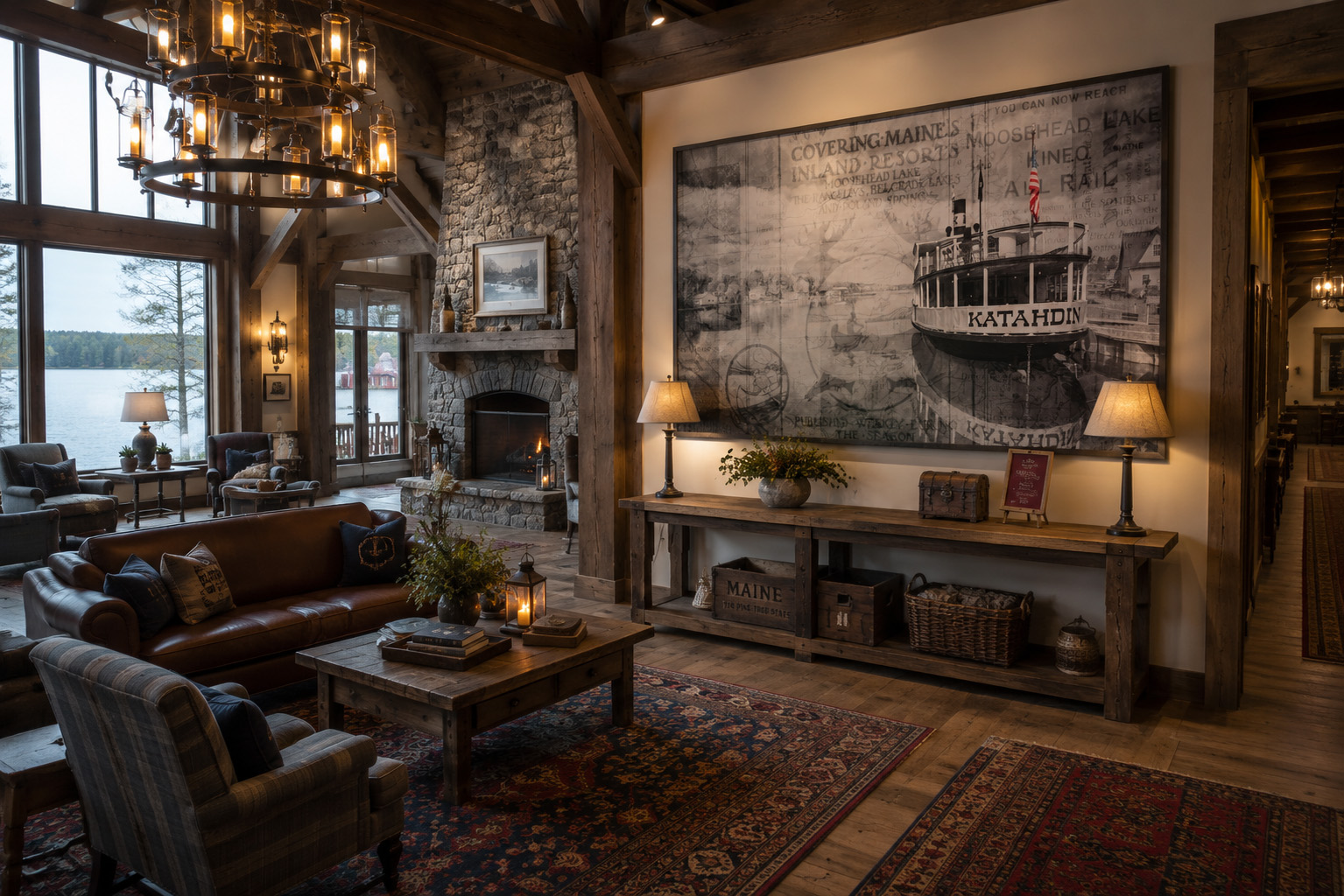 Katahdin Boat Moosehead Lake mixed media artwork displayed in an interior design mockup