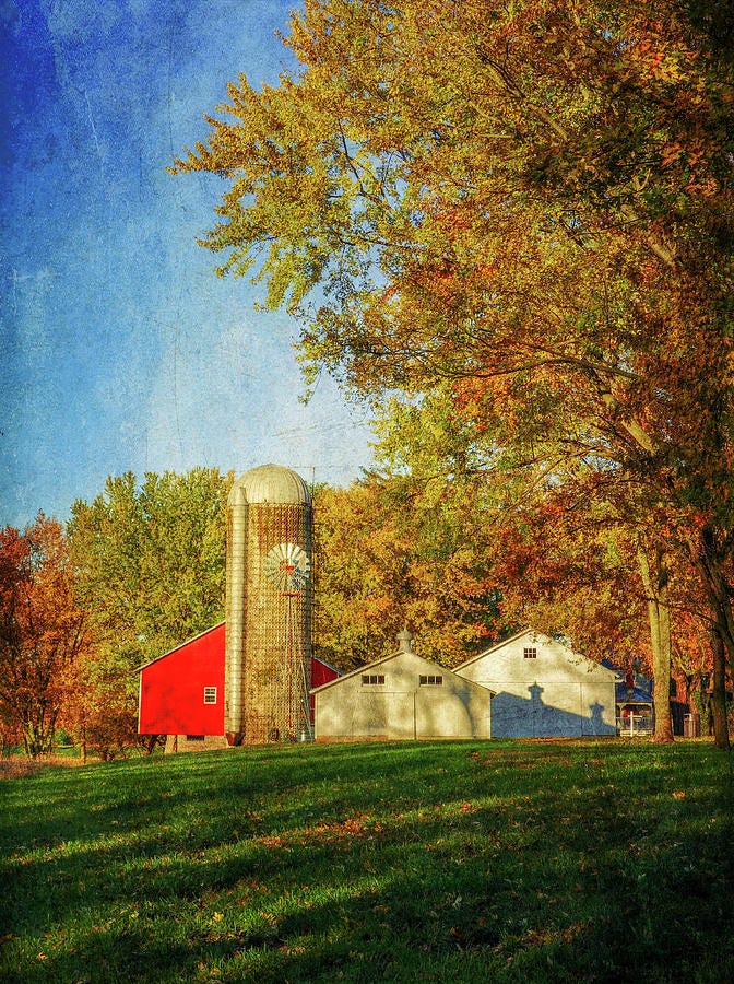 Red barn, silo, and autumn trees near Lima Ohio
