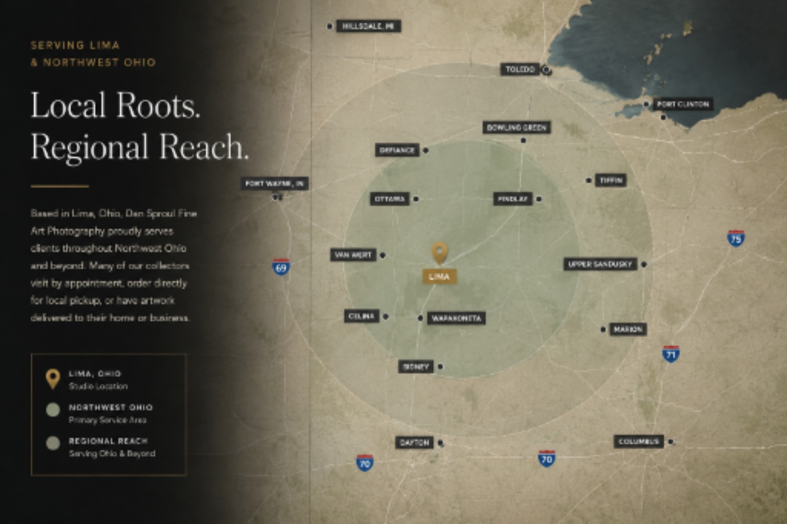 Graphic map showing Lima, Ohio and the Northwest Ohio service area for Dan Sproul Fine Art Photography.