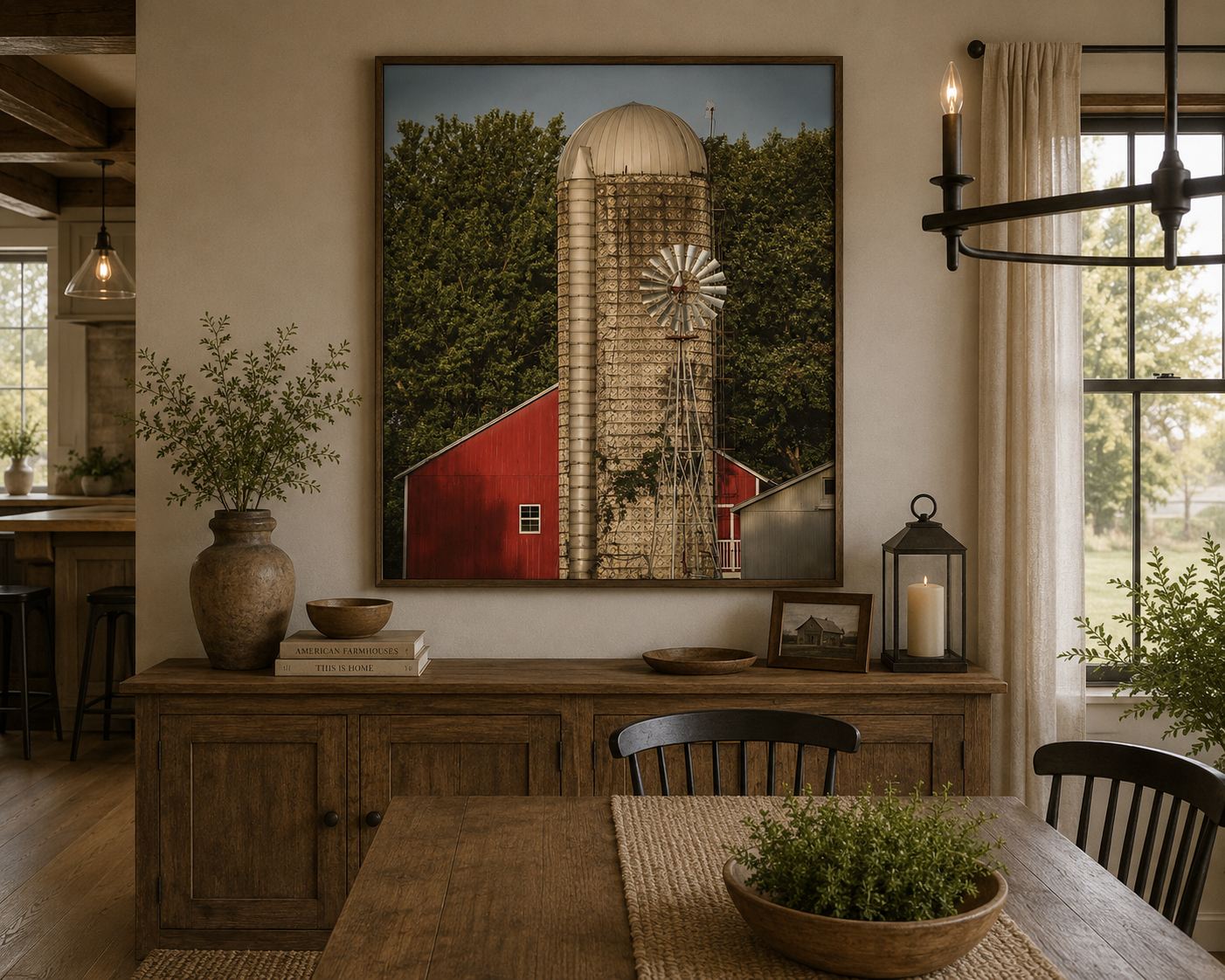 Ohio farm windmill and silo artwork shown in a warm dining room interior by Dan Sproul
