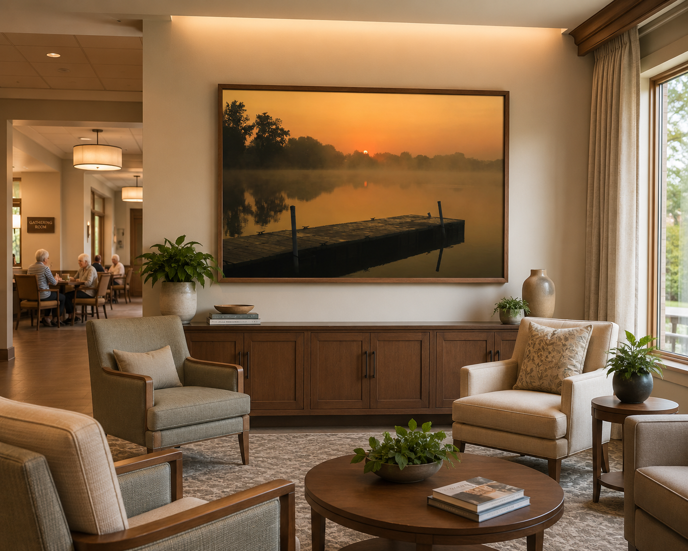 Senior living lounge with warm nature artwork by Dan Sproul