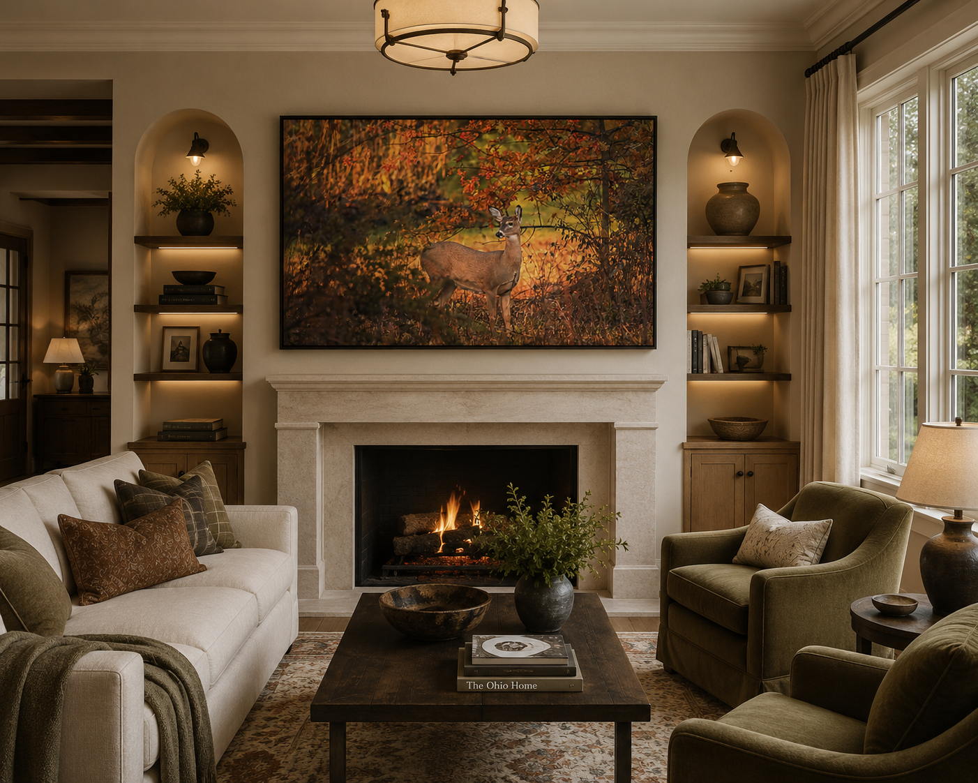 Autumn deer in Ohio artwork shown above a fireplace in a warm Lima Ohio living room interior by Dan Sproul