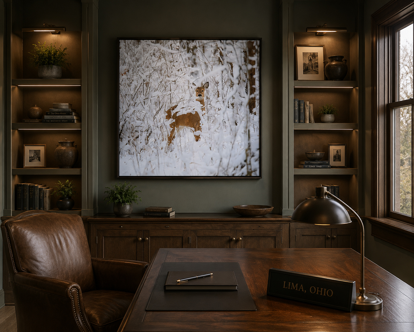 Winter deer artwork shown in a Lima Ohio executive office interior by Dan Sproul