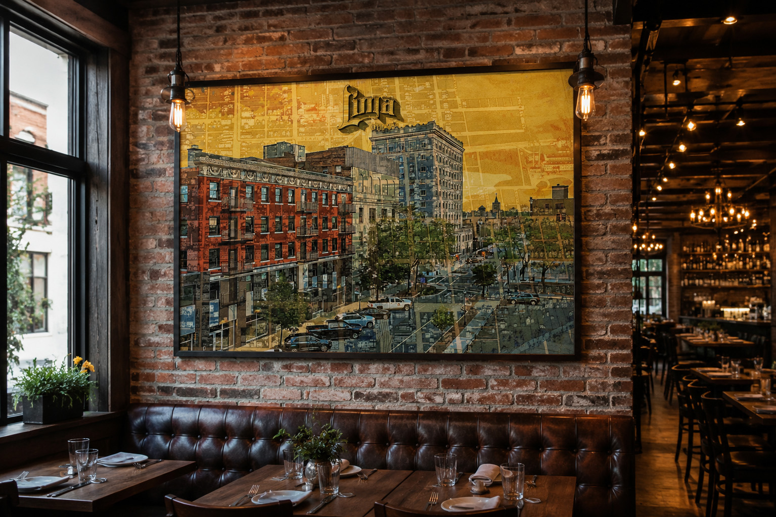 Lima Ohio mixed media artwork in restaurant interior