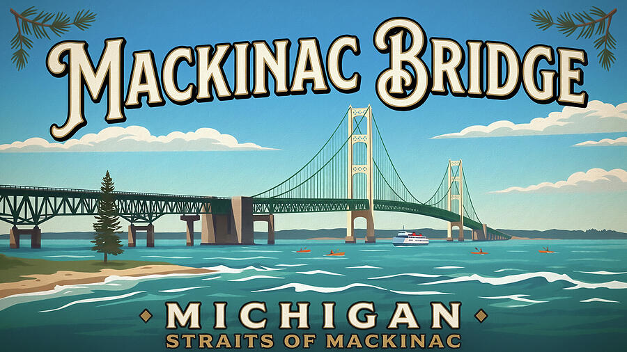 Mackinac Bridge Michigan Straits of Mackinac vintage travel poster print