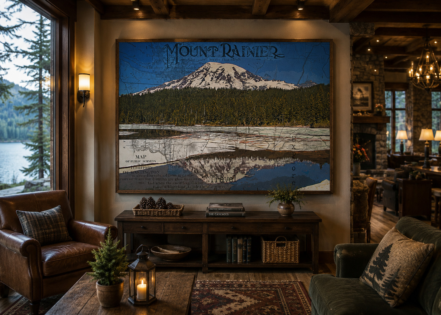 Mount Rainier Reflection &amp; Map mixed media artwork displayed in an interior design mockup