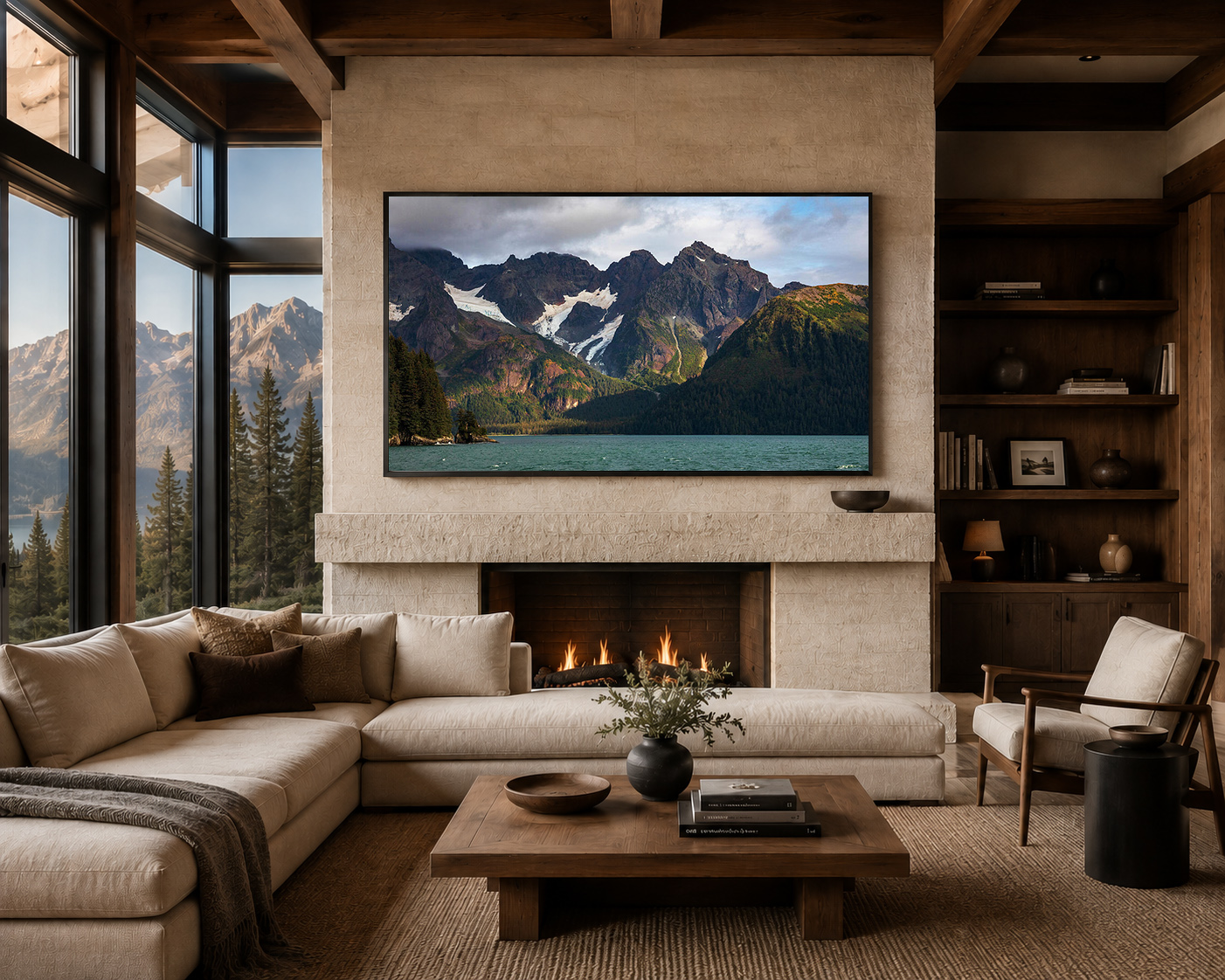 Large framed mountain landscape photography above stone fireplace in warm luxury living room by Dan Sproul