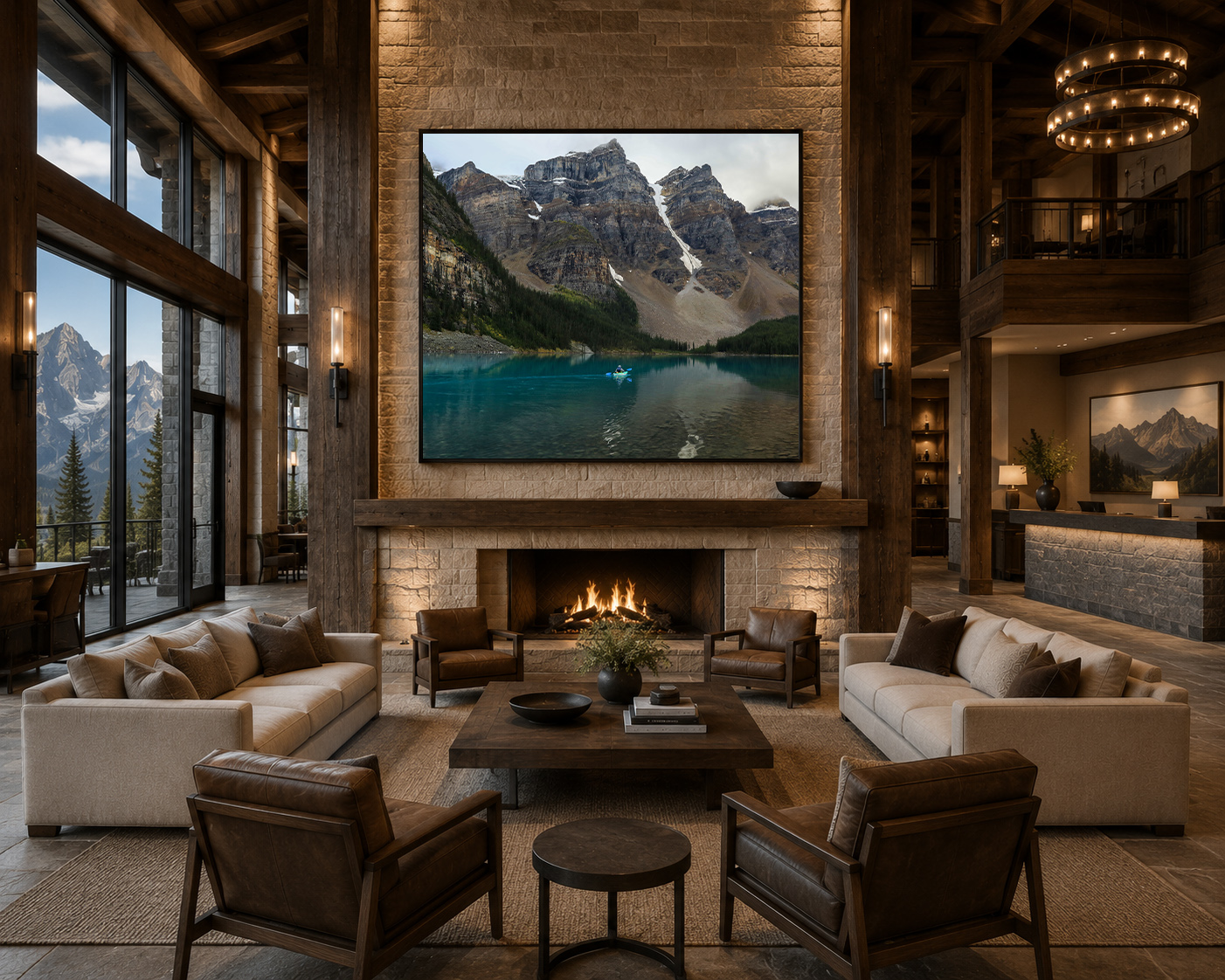 Large mountain photography print in high-end lodge lobby interior by Dan Sproul