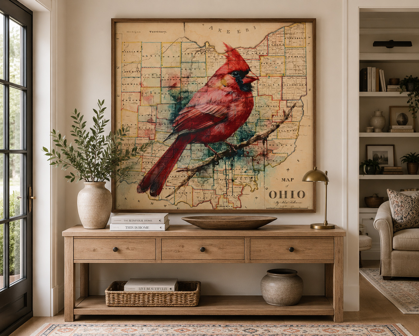 Ohio Map &amp; Cardinal mixed media artwork displayed in an interior design mockup