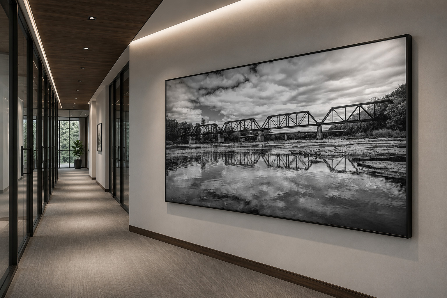 Commercial corridor with Grand Rapids Ohio bridge reflection black and white artwork by Dan Sproul