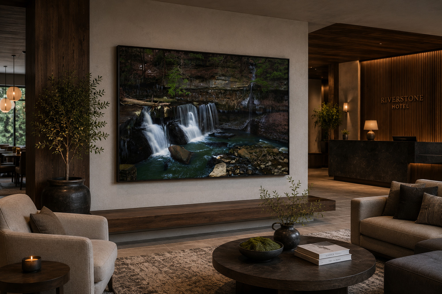 Quiet luxury living room with Tinkers Creek Ohio waterfall photography by Dan Sproul