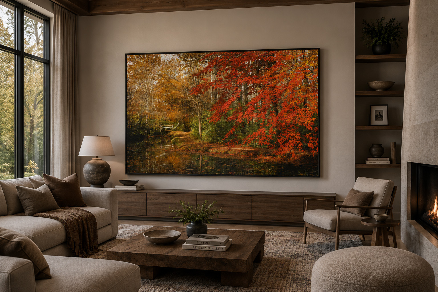 Quiet luxury living room with Tawawa Park Ohio autumn artwork by Dan Sproul