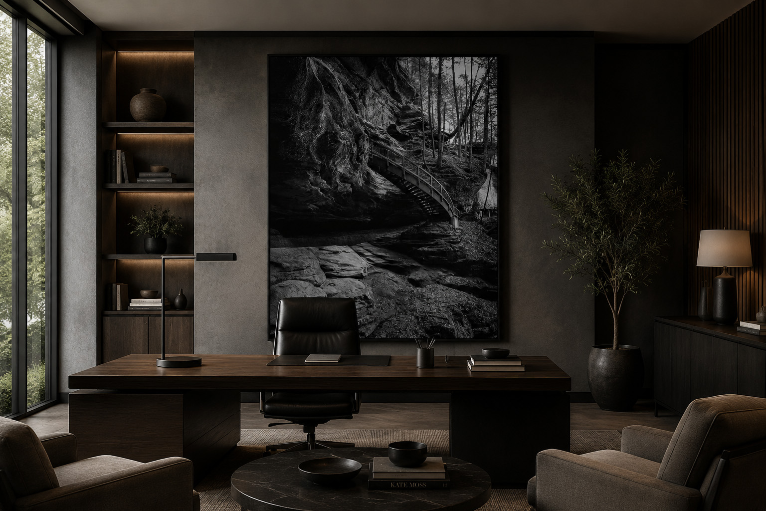 Executive office with black and white Hocking Hills trail artwork by Dan Sproul