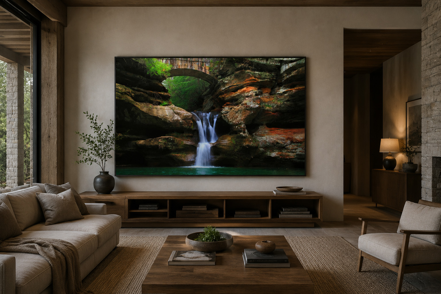 Ohio hotel lobby with Hocking Hills waterfall artwork by Dan Sproul