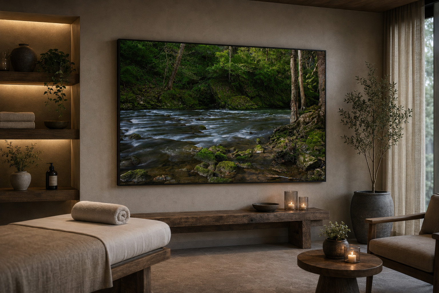Ohio spa interior with Little Miami River photography by Dan Sproul
