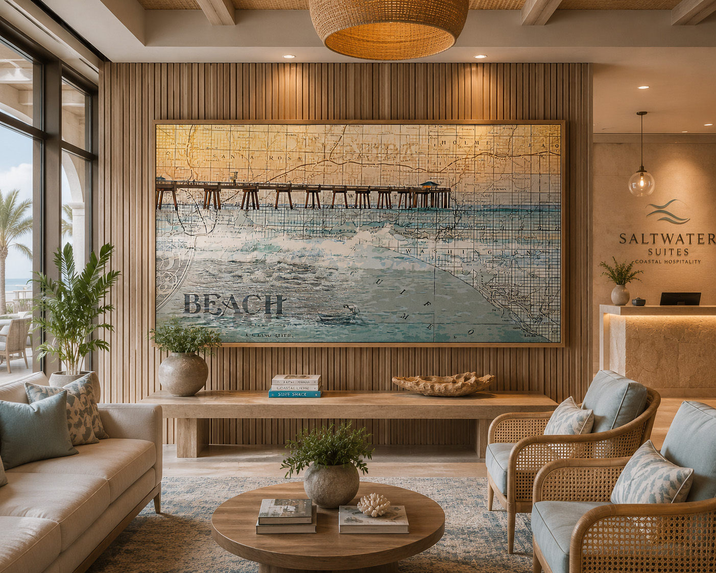 Okaloosa Pier Vintage Florida Beach mixed media artwork displayed in an interior design mockup