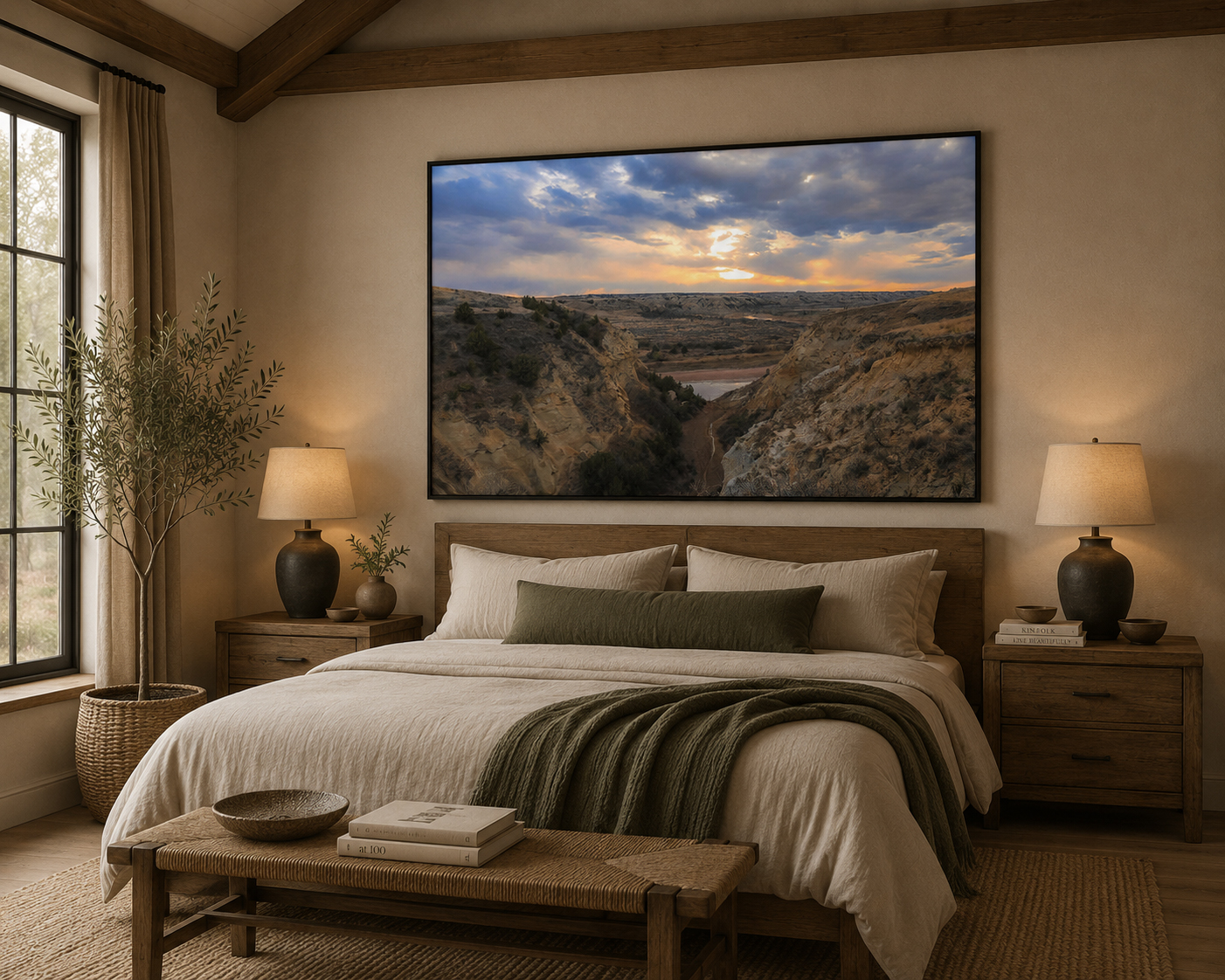 Bedroom with Little Missouri River Bend Overlook landscape artwork by Dan Sproul