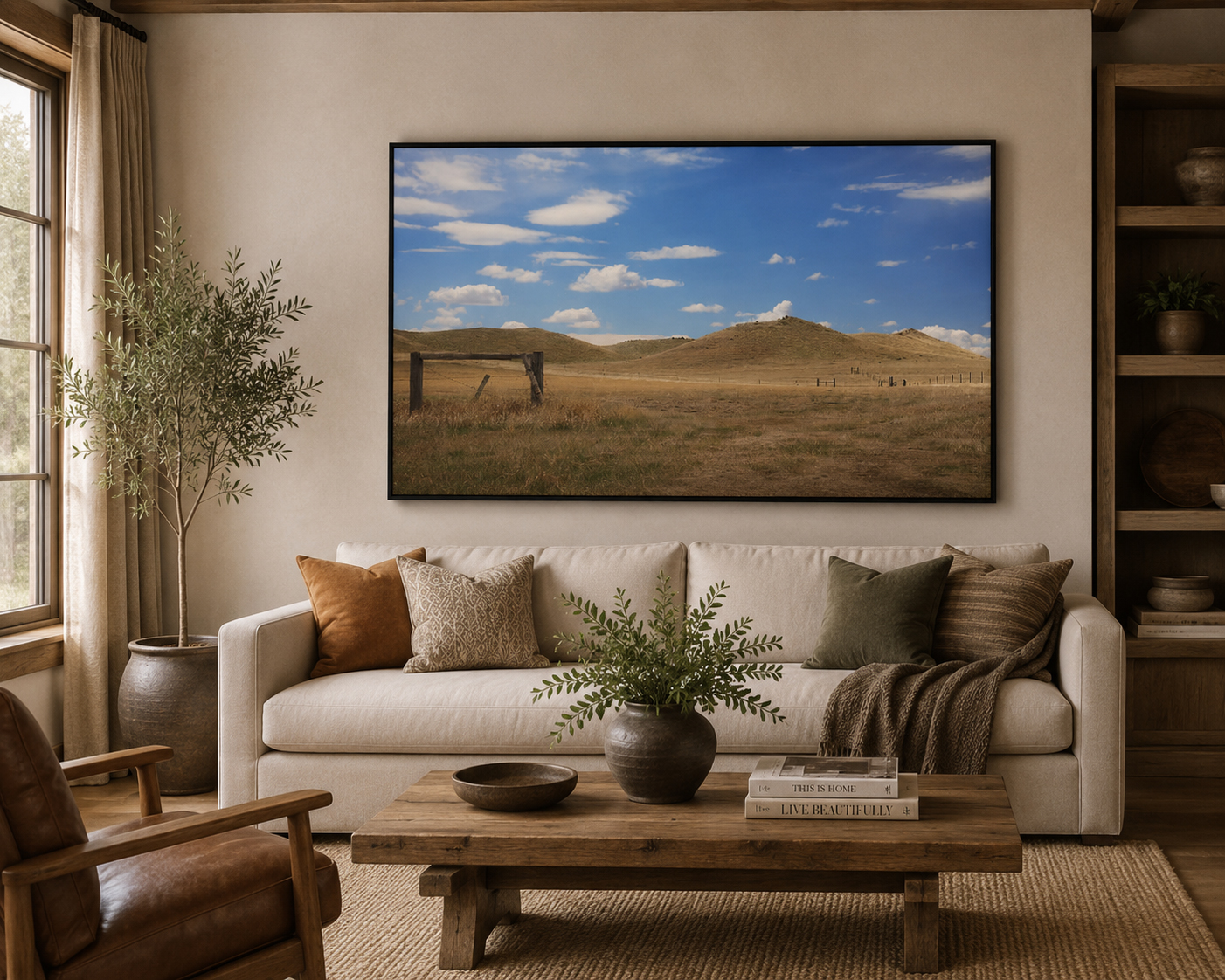 Warm living room with rolling hills empty landscape artwork by Dan Sproul