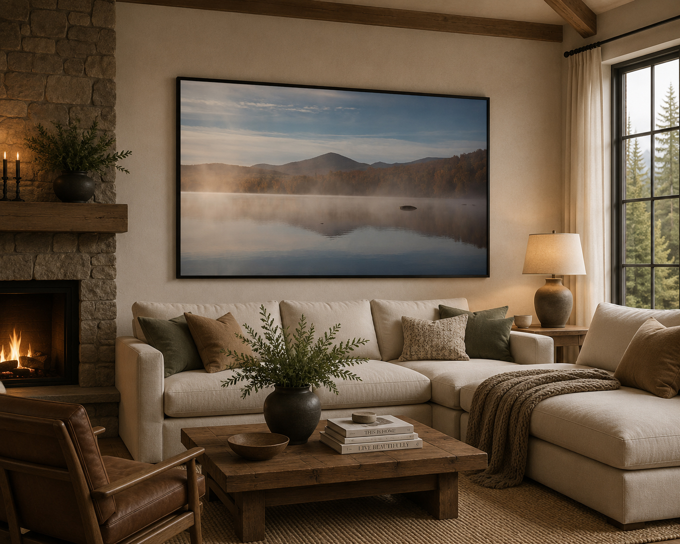 Rustic living room with foggy First Roach Pond landscape artwork by Dan Sproul