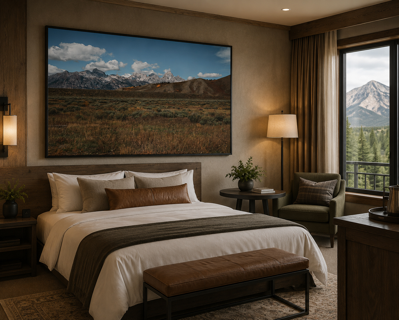 Residential bedroom with wide angle Teton landscape artwork by Dan Sproul