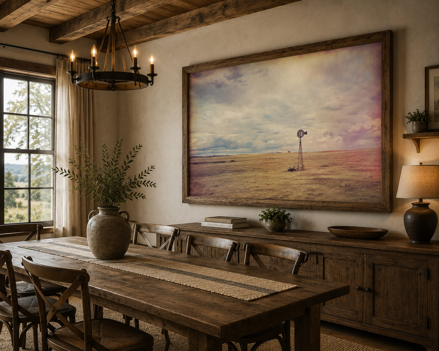 Rustic dining room with large framed country windmill prairie landscape print from the Open Horizons collection by Dan Sproul
