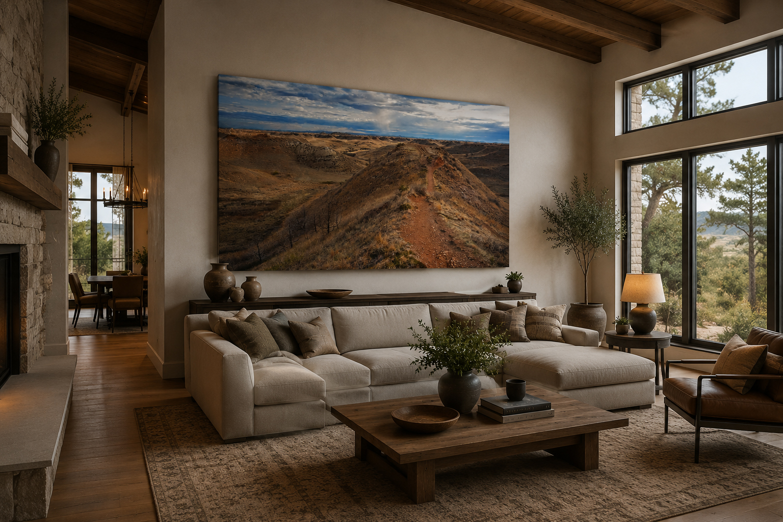 Large living room with badlands hiking trail landscape artwork by Dan Sproul