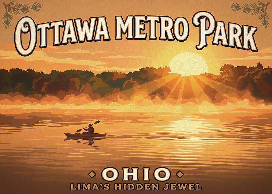 Ottawa Metro Park Lima Ohio sunrise kayaker vintage travel poster print