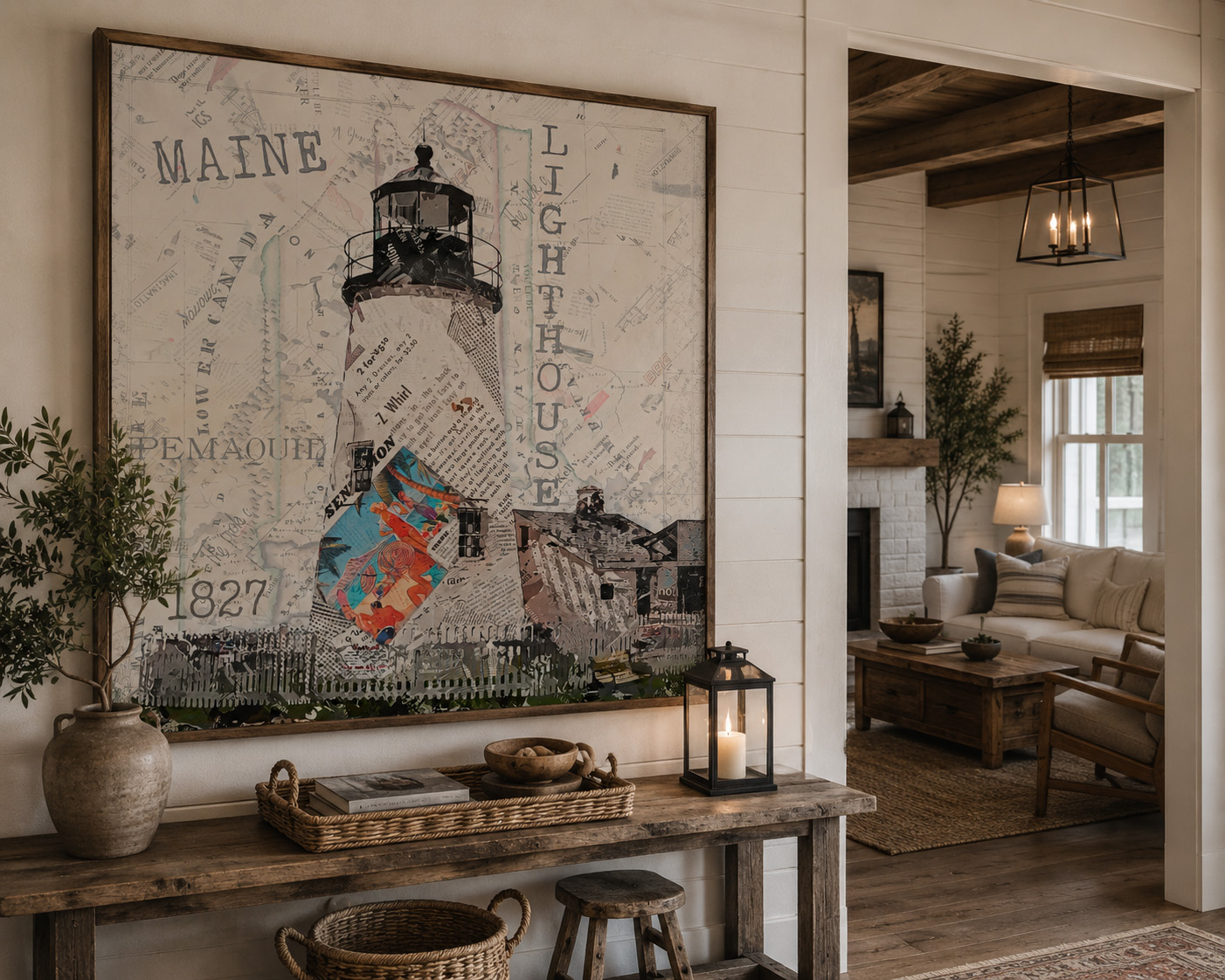 Pemaquid Lighthouse Collage mixed media artwork displayed in an interior design mockup