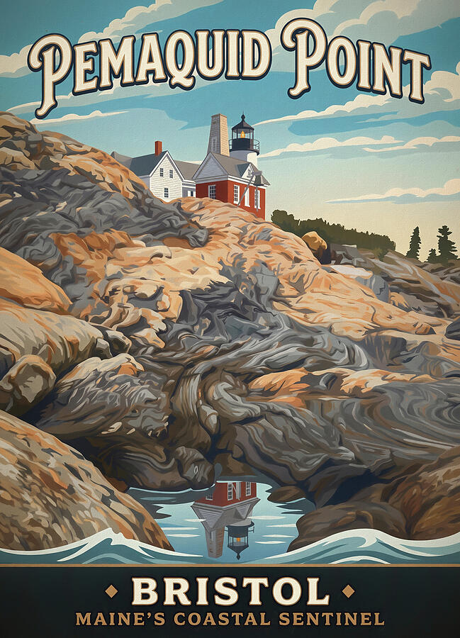 Pemaquid Point Lighthouse Bristol Maine vintage travel poster print