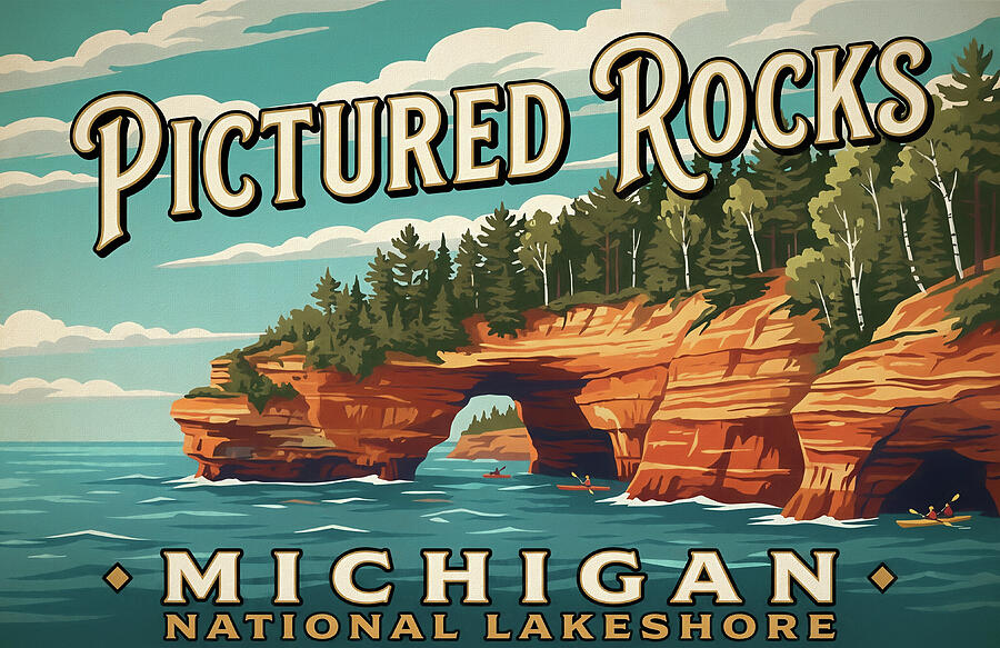 Pictured Rocks National Lakeshore Michigan vintage travel poster print