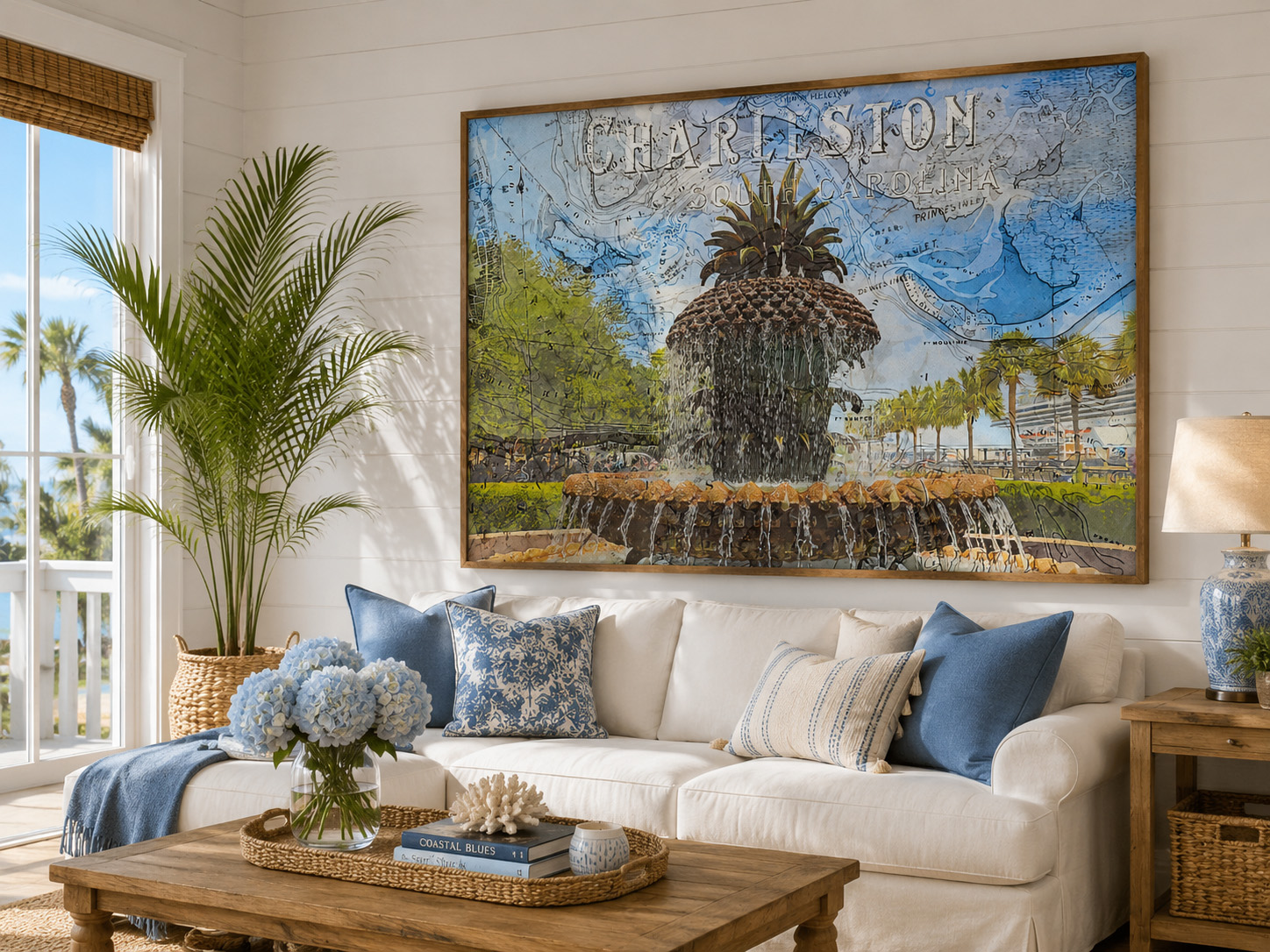 Pineapple Fountain Charleston Map mixed media artwork displayed in an interior design mockup