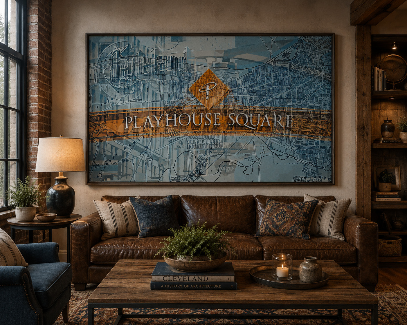 Playhouse Square Mixed Art mixed media artwork displayed in an interior design mockup