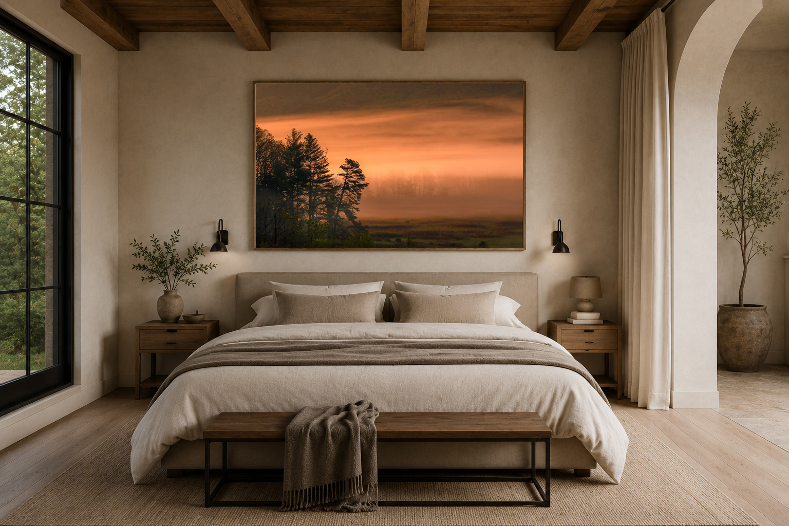 Atmospheric foggy Appalachian landscape photography above bed in quiet luxury bedroom interior by Dan Sproul