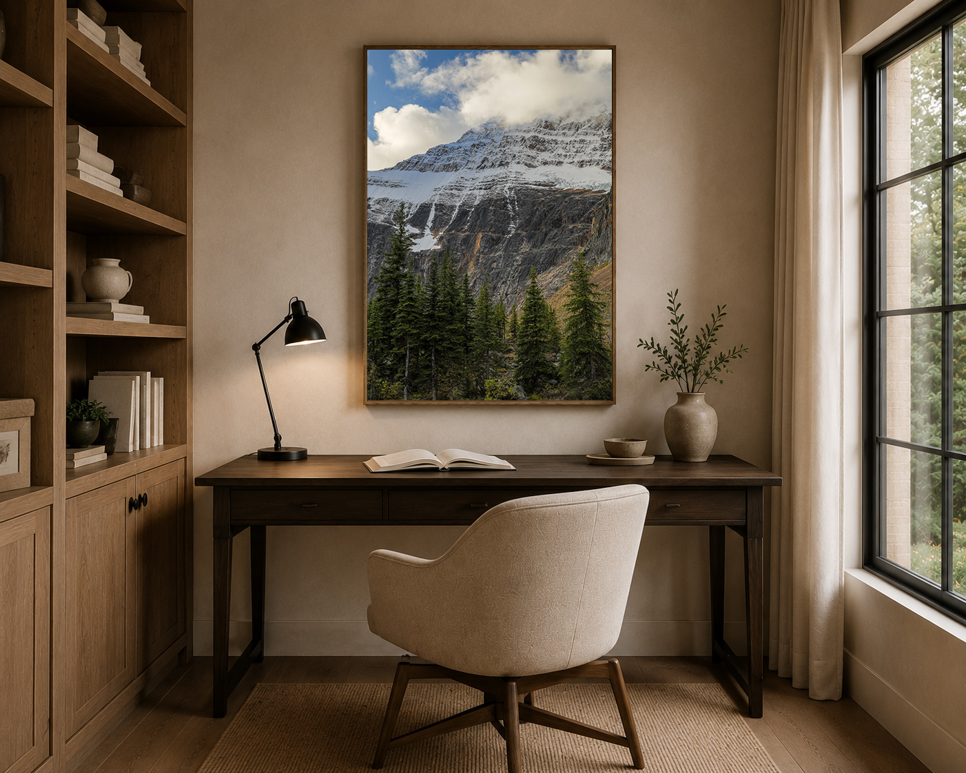 Quiet Earth mountain landscape fine art photography in warm modern home office by Dan Sproul