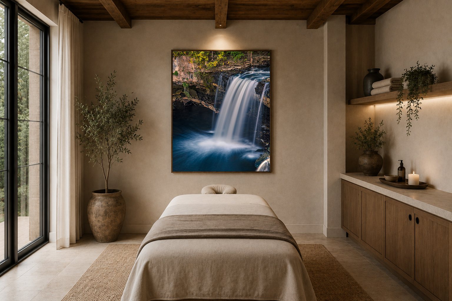 Waterfall fine art photography in spa and wellness inspired residential interior by Dan Sproul