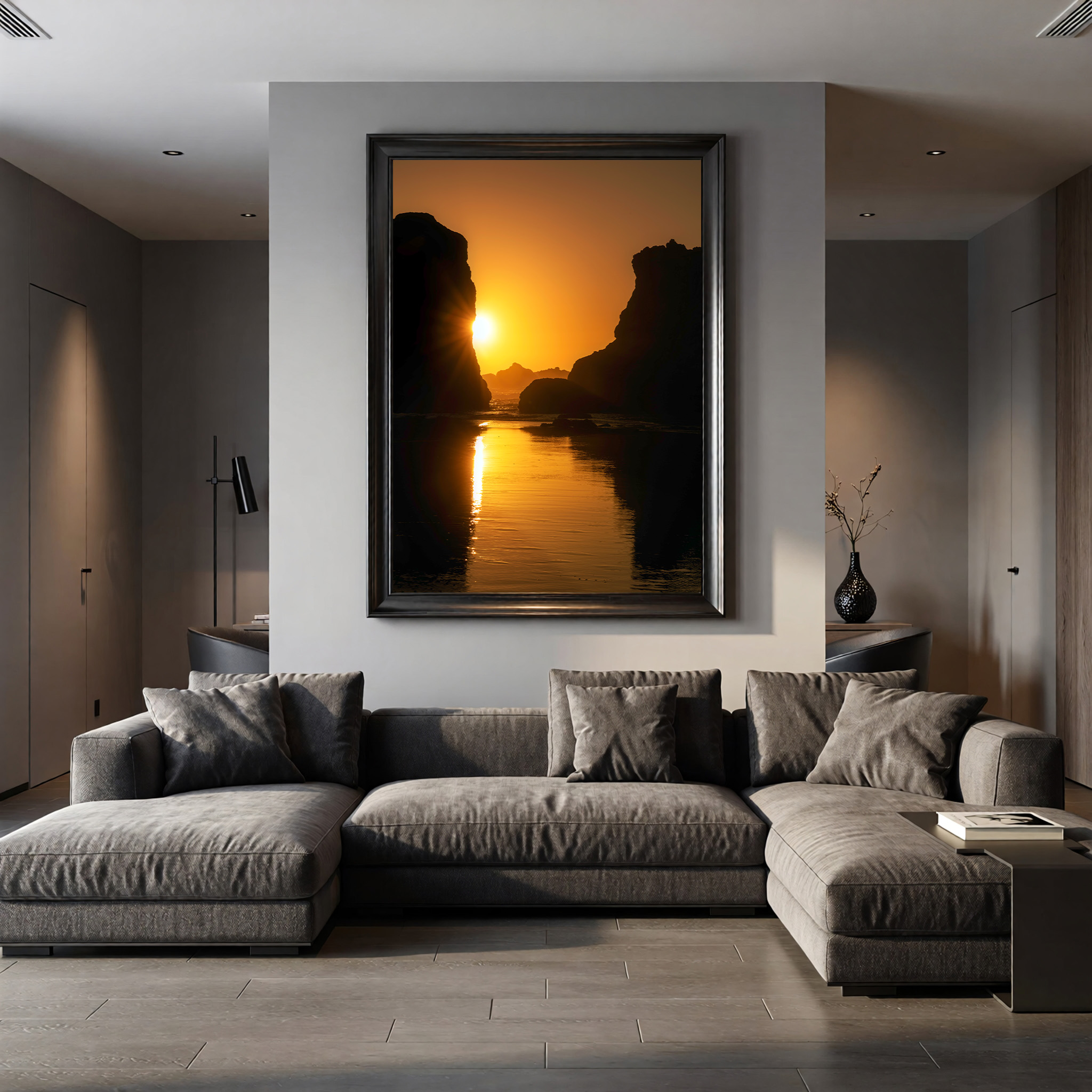Residential interior with framed coastal artwork