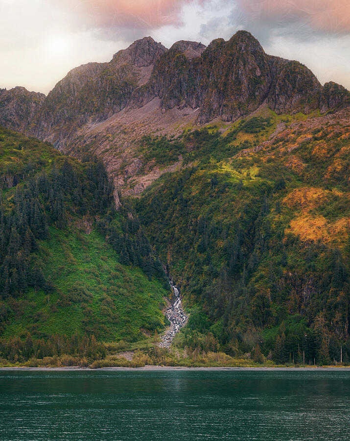 Resurrection Bay Alaska mountain waterfall photography for hospitality interiors by Dan Sproul