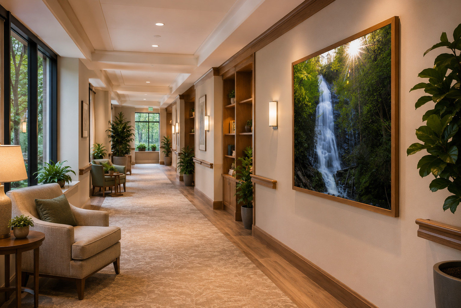 Senior living corridor with Mingo Falls waterfall photography by Dan Sproul