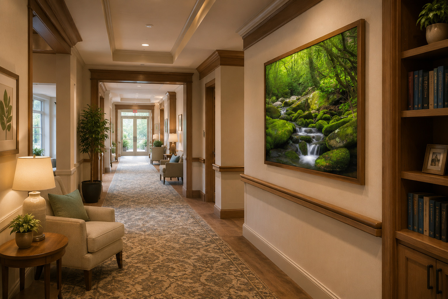 Senior living corridor with Roaring Fork Motor Nature Trail waterfall artwork by Dan Sproul