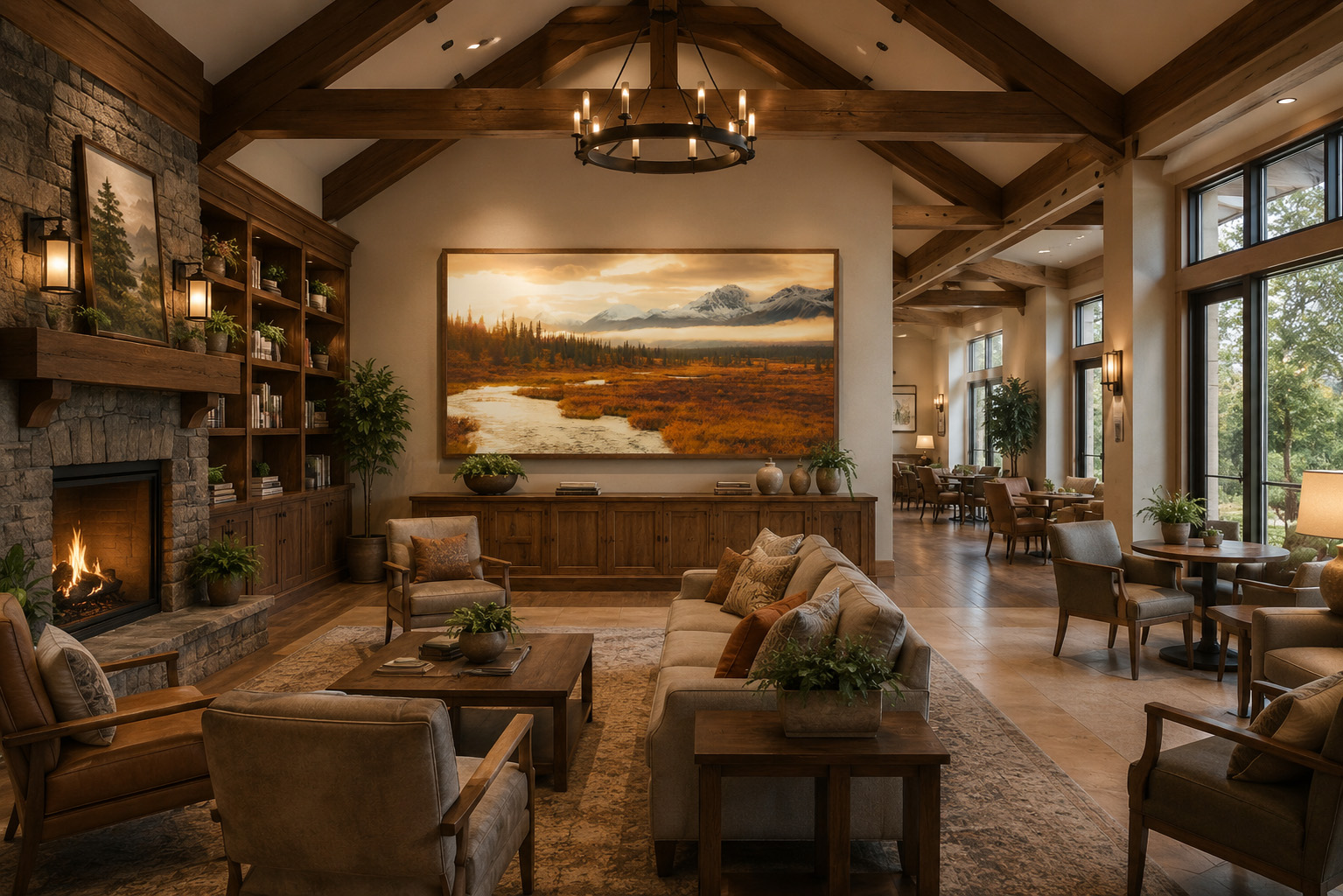 Senior living community gathering room with Autumn Morning on Denali Highway landscape artwork by Dan Sproul